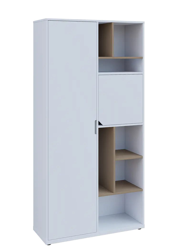 KSR6-83 L skříň šatní, 1x výsuvné ramínko, dvířka, niky, 2053x1022x400 mm, provedení levé, korpus a dvířka bílá sněžná/police latte